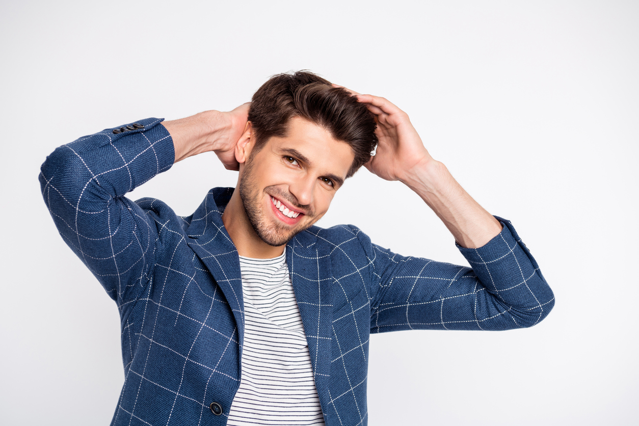 charming virile guy fix his haircut touch hairstyle